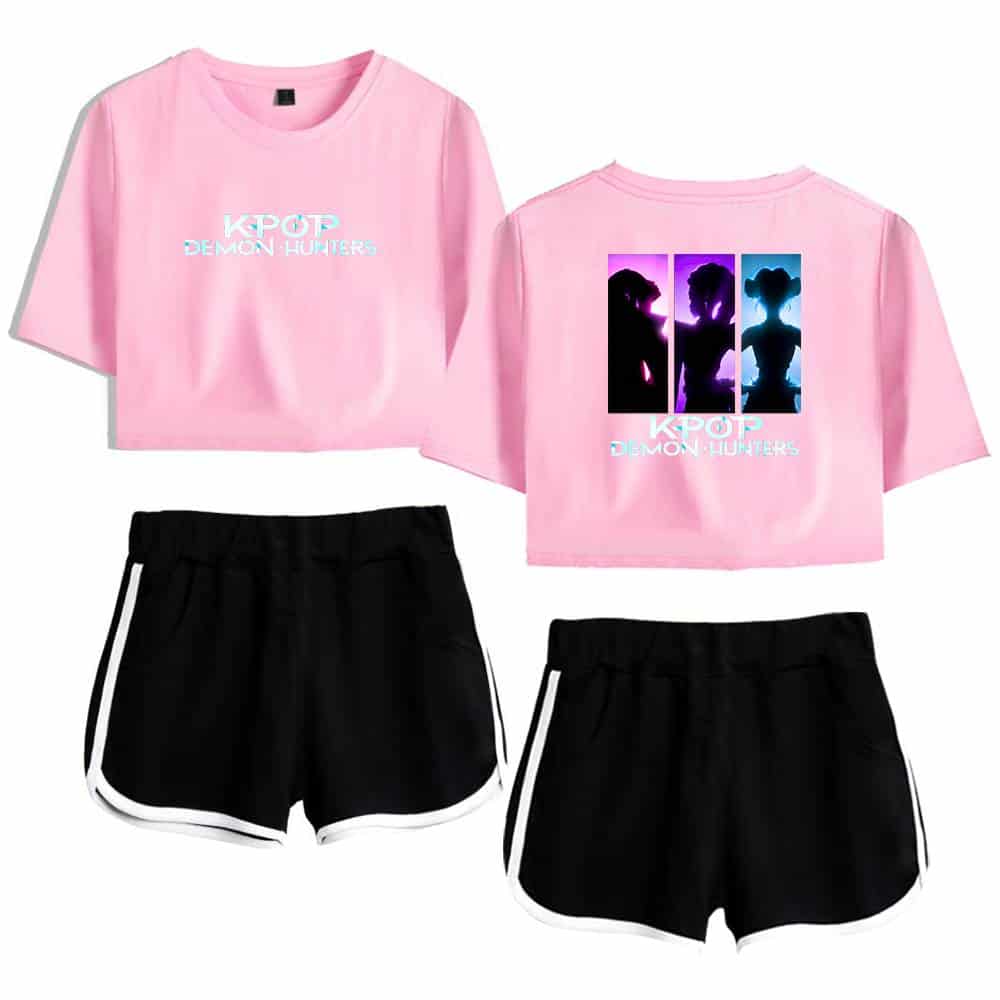 K-pop Demon Hunters pink cropped t-shirt with graphic back design, paired with black athletic shorts with white trim, perfect for a trendy and affordable streetwear look.