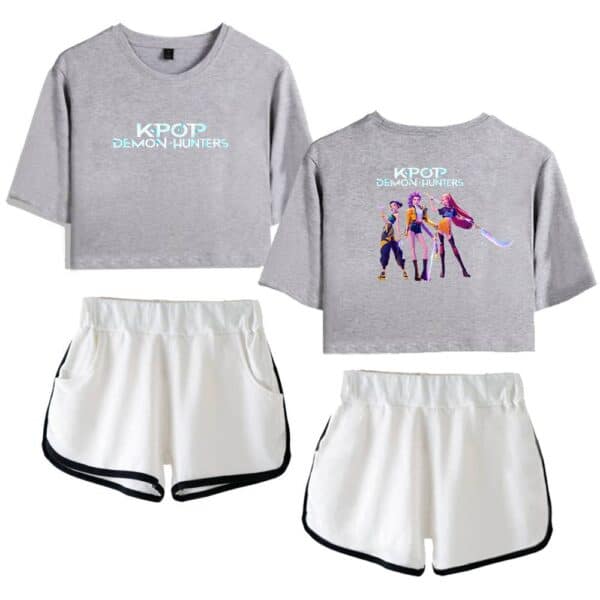 K-pop Demon Hunters graphic crop top and athletic shorts set, stylish and affordable casual outfit for fans and streetwear lovers. Perfect for relaxed, trendy looks.