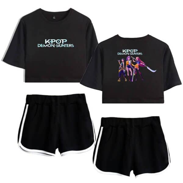 KPOP Demon Hunters matching black crop top and shorts set with colorful anime-style graphic design, perfect for streetwear and casual cool statement outfits.