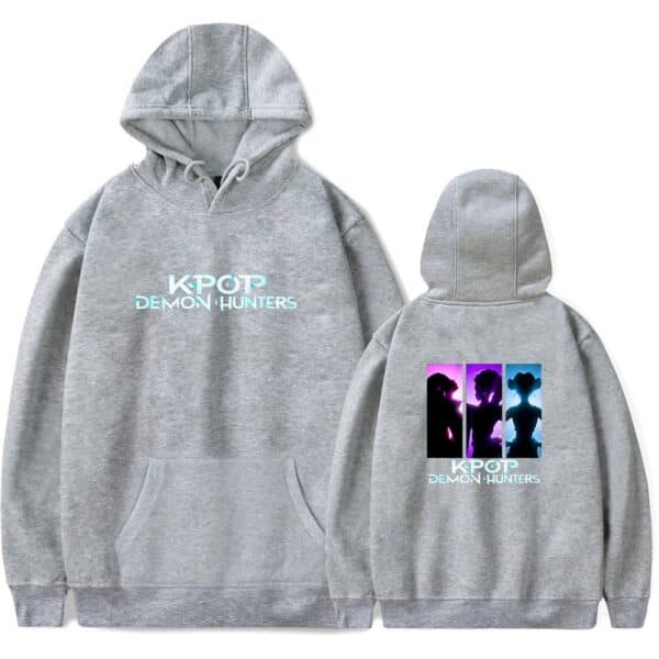 K-pop Demon Hunters hoodie in grey, featuring trendy graphic design on the front and back. Perfect for fans seeking affordable, stylish, and cool statement apparel.