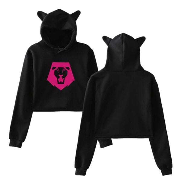 Hoodie with lion graphic and cat ears, black, trendy and affordable statement clothing item.