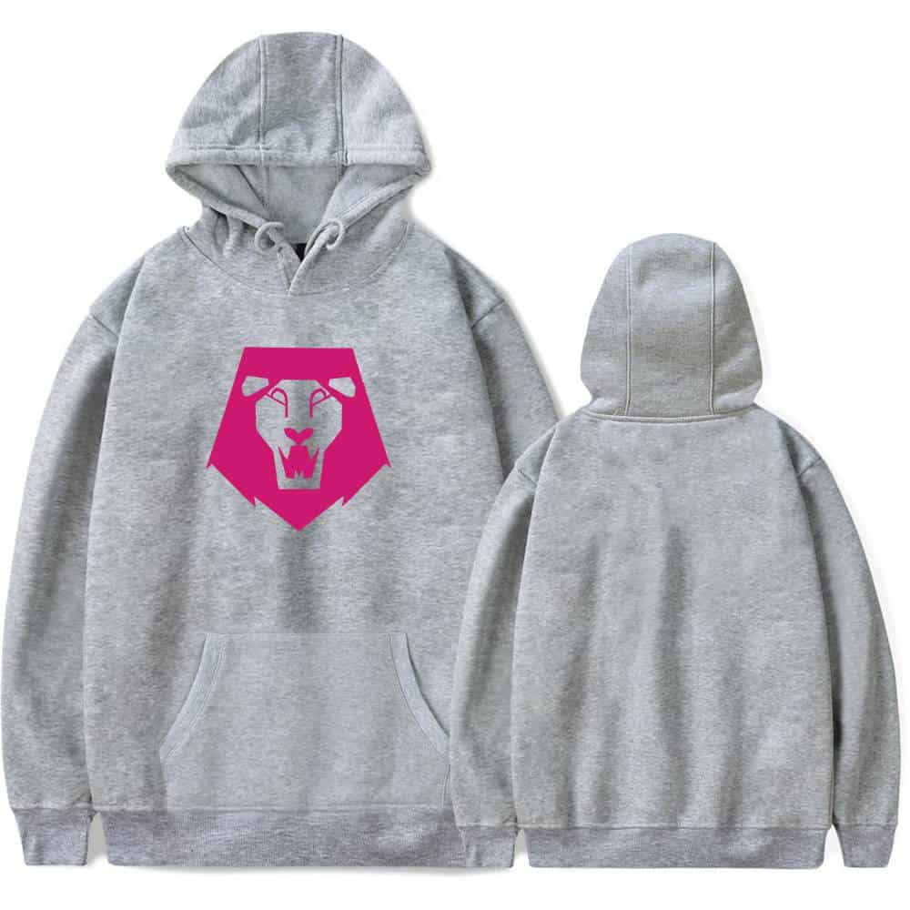 Soft gray hoodie with a bold pink lion graphic on the front, perfect for streetwear fashion and casual outings. Made from comfortable, affordable materials, offering a stylish and cool statement look.