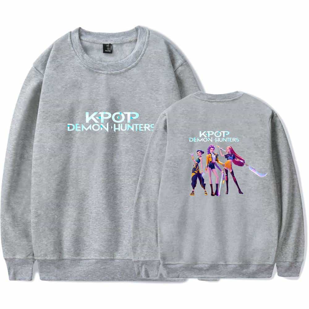 Kpop Demon Hunters grey sweatshirt with colorful illustration of animated characters, casual streetwear style, affordable fashion, and trendy statement clothing for fans.