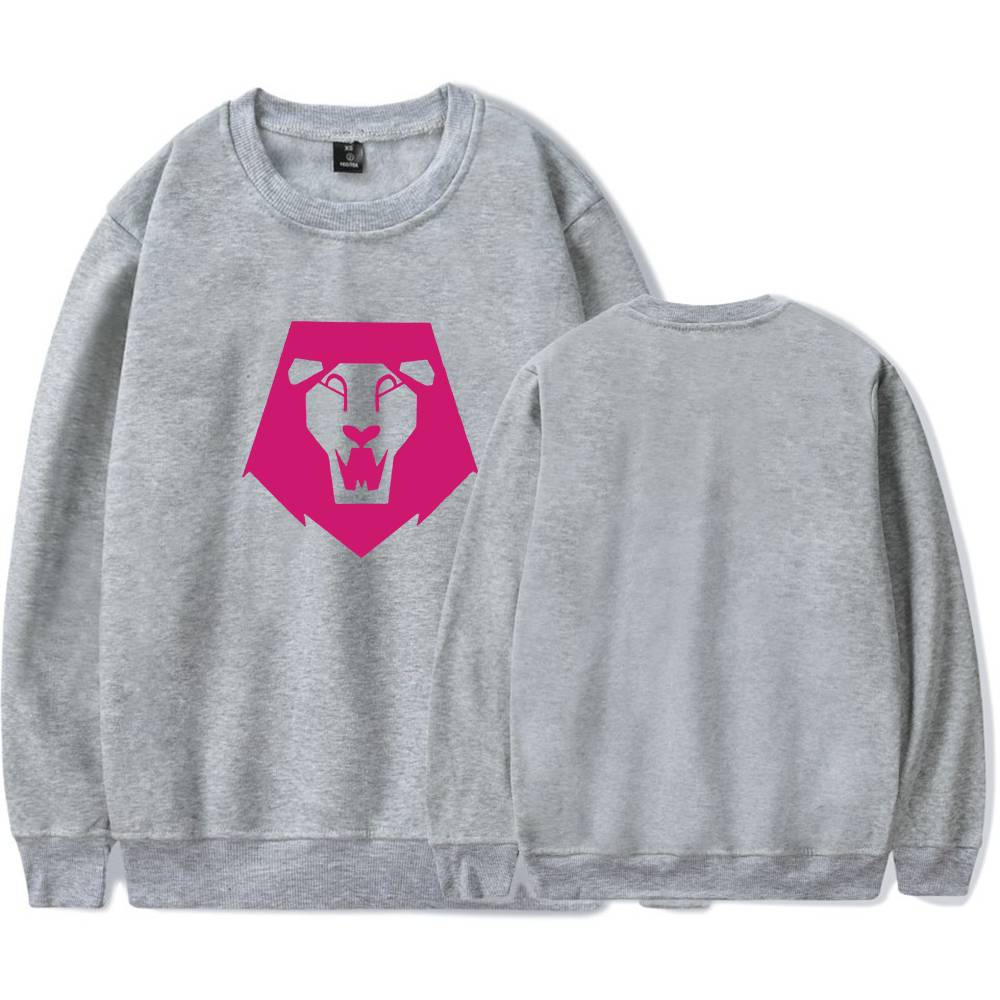 Comfy gray sweatshirt with bold pink lion graphic, casual streetwear style, perfect for cool statement outfits, budget-friendly and trendy clothing option for everyday wear.