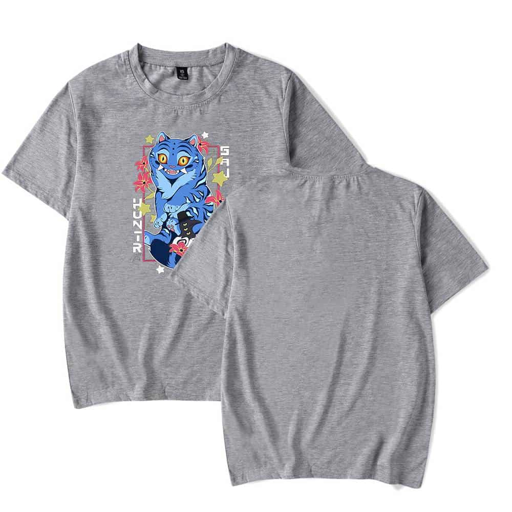 Blue cartoon tiger graphic T-shirt, casual and trendy for streetwear and everyday wear, featuring a vibrant and playful design on a comfortable grey fabric. perfect for expressing cool, youthful style at an affordable price.