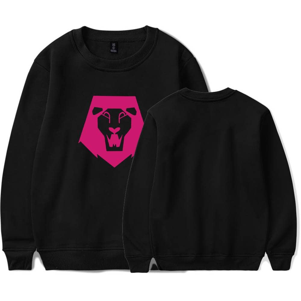 Comfortable black sweatshirt with bold pink lion graphic, trendy and affordable statement clothing piece for casualwear.