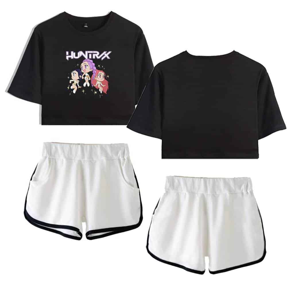 Huntrak anime graphic t-shirt, casual black crop top, stylish and affordable streetwear.