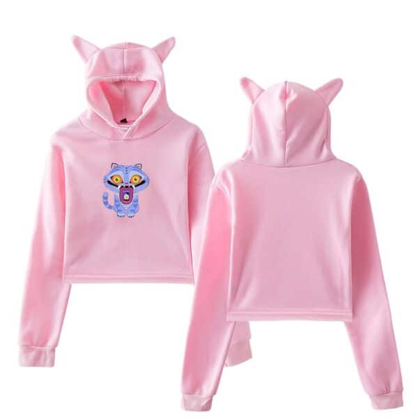 Hoodie with cute cat graphic, pink color, and playful design.