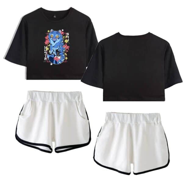 Blue cartoon tiger crop top, casual summer athletic shorts, trendy affordable streetwear, fun stylish athletic clothing, inexpensive cool statement sportswear.