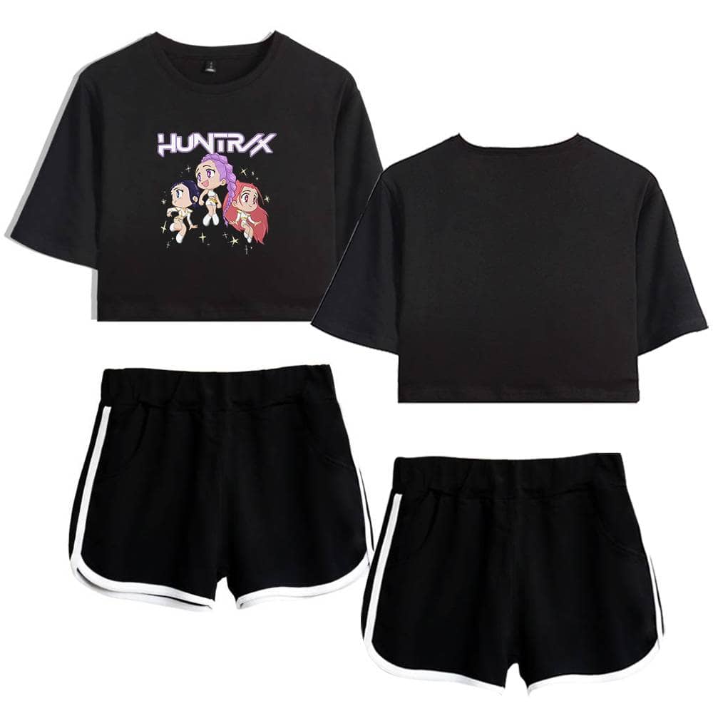Huntux animated character graphic crop top and shorts set, trendy and affordable casual wear for a cool relaxed look.