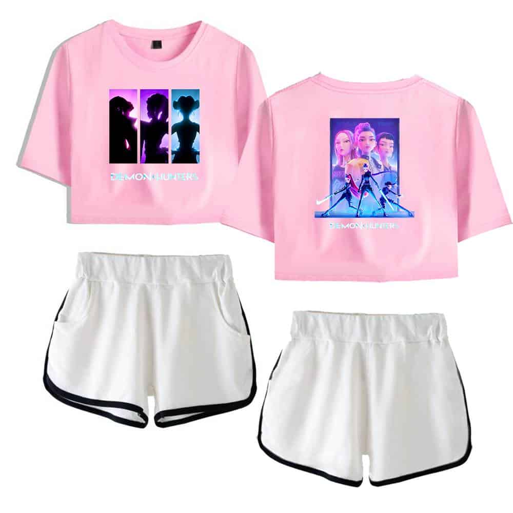 Demon hunter graphic t-shirt and athletic shorts set, pink and white casual streetwear for teens.