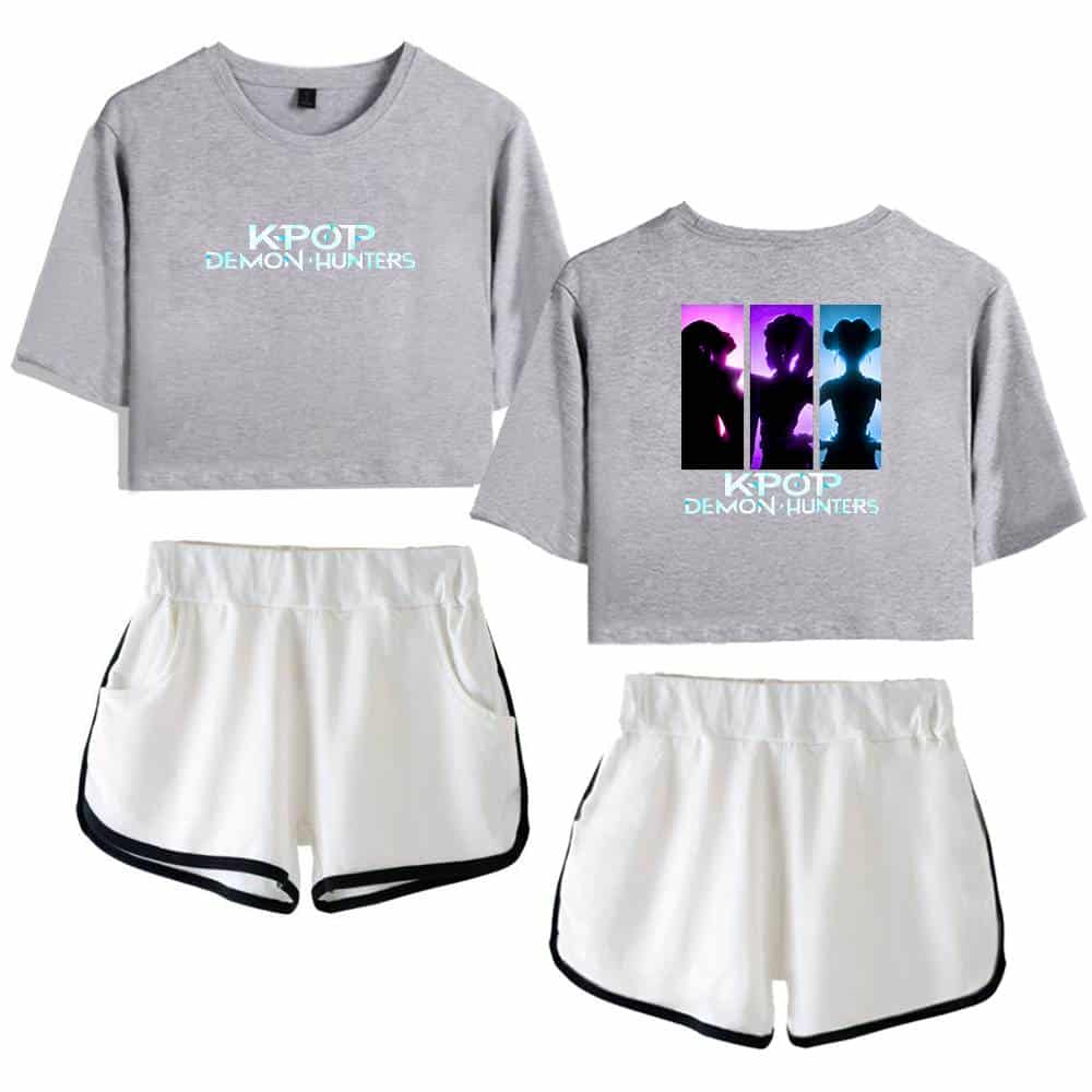 Kpop demon hunters gray crop top and white athletic shorts, trendy casual outfit for fans of Korean pop music, affordable and stylish streetwear for a cool, youthful look, perfect for everyday wear or concerts.