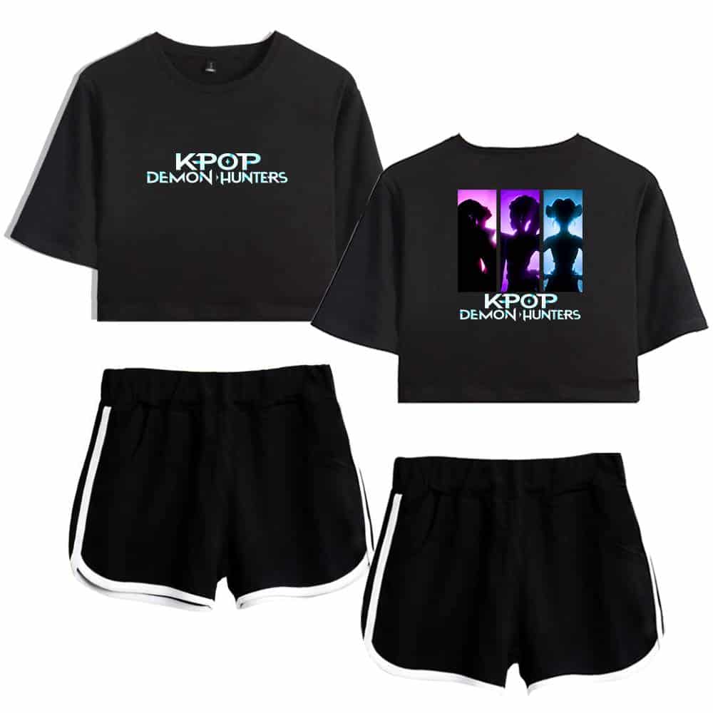 Kpop Demon Hunters crop top and shorts set with bold graphic designs and vibrant colors, perfect for casual streetwear or gaming-inspired fashion.