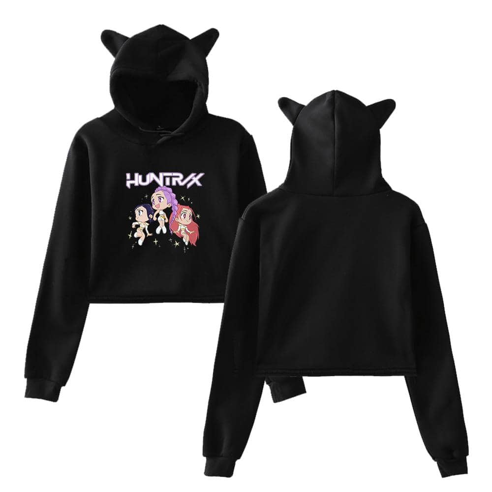 Hoodie with cartoon characters and "HUNTRX" logo, featuring playful cat ear details on the hood, perfect for stylish, affordable, and trendy casual wear.