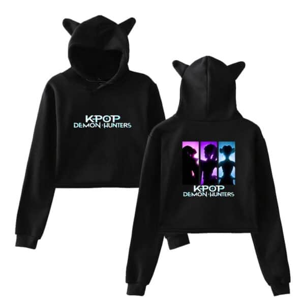 KPOT DEMON HUNTERS black hoodie with colorful K-pop graphic design, trendy and affordable statement clothing for fans.