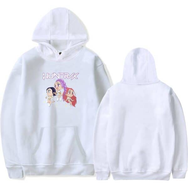 Cute white hoodie featuring colorful anime-style characters and the text "HUNTRX" for a stylish, affordable streetwear look.