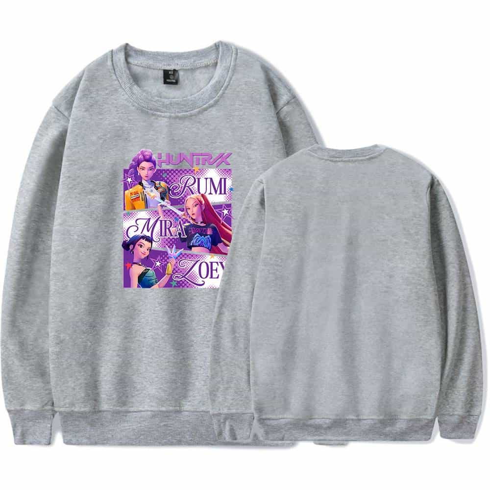 JUNTRX girls' graphic sweatshirt featuring popular animated characters in vibrant colors, perfect for casual, cool, and affordable style. Made of comfortable grey fabric for everyday wear.