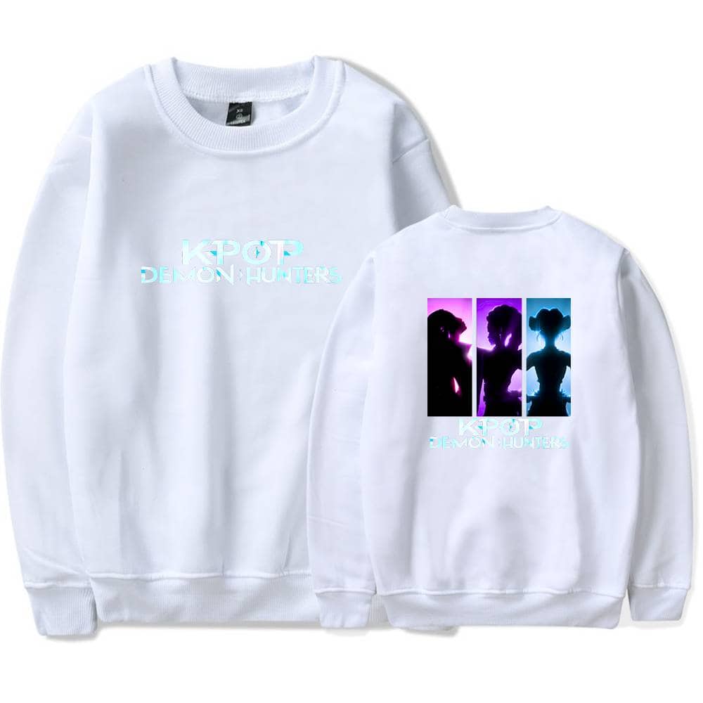 KPOP DEMON HUNTERS sweatshirt, cool statement clothing with vibrant graphic design featuring silhouettes and neon colors, perfect for trendy casual wear.