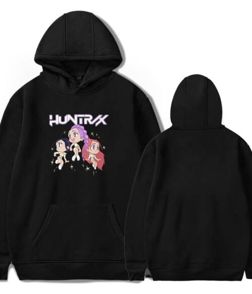 Hoodie with colorful anime-style characters and "HUNTRX" text, casual streetwear.