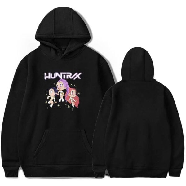 Hoodie with colorful anime-style characters and "HUNTRX" text, casual streetwear.