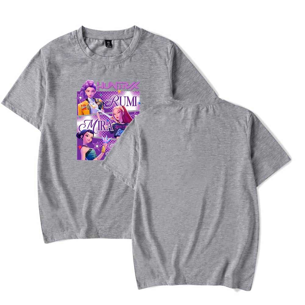 Holographic animated girl comic print t-shirt in grey, featuring vibrant characters like Hunt, Rum, Mira. Casual, trendy, perfect for a cool and affordable streetwear look.