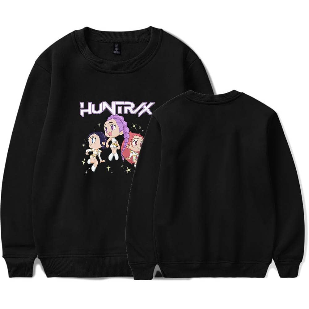 HuntX cartoon girls graphic sweatshirt, black pullover with colorful character print, perfect for trendy, affordable casual wear.