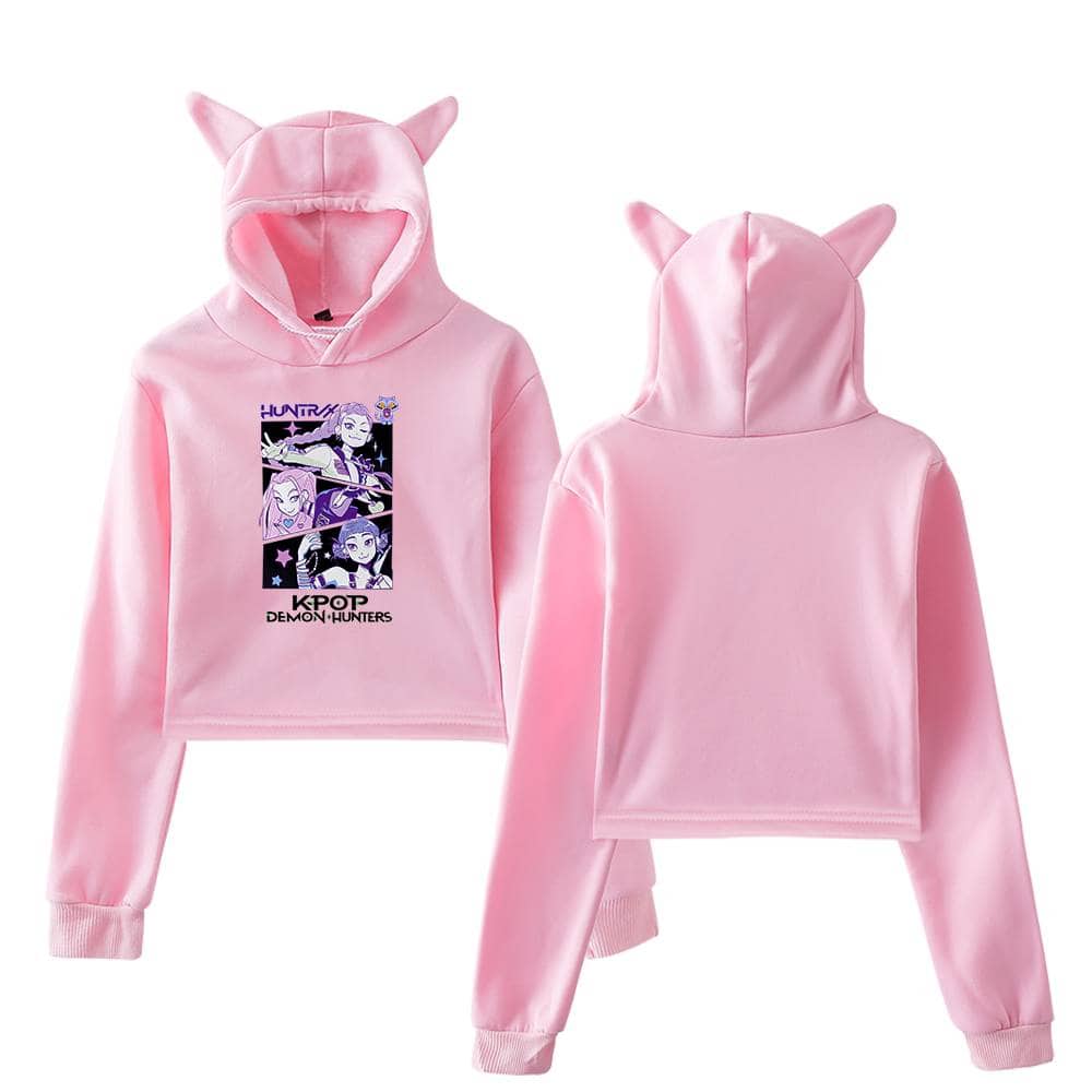 Pink cropped hoodie and sweatpants set with playful cat ear hood, featuring a vibrant K-pop graphic print, perfect for stylish, affordable, and trendy casual wear.
