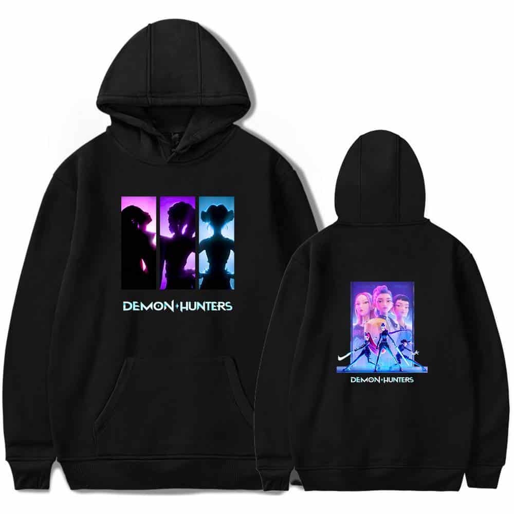 Demon Hunters cartoon hoodie with bold graphic prints featuring animated characters, perfect for stylish, inexpensive, and trendy statement clothing. Ideal for fans of cool, edgy, casual streetwear.