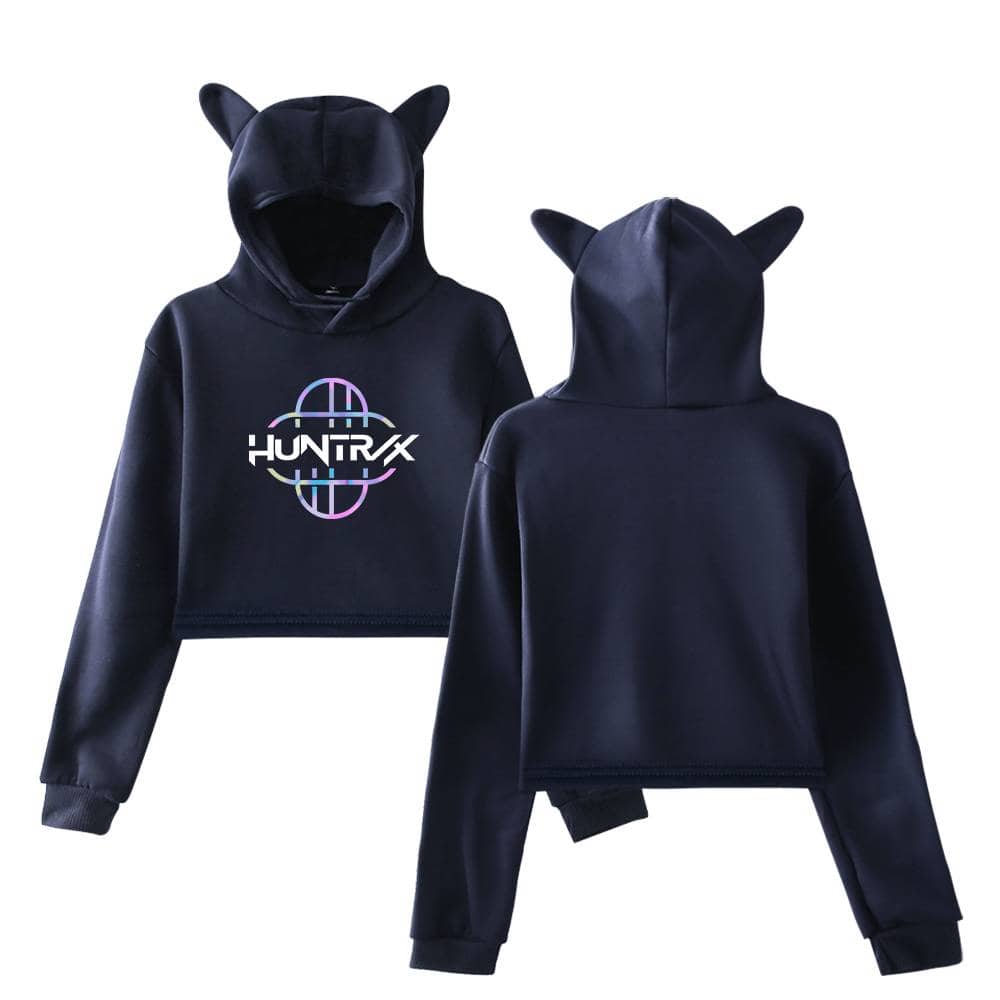 Hoodie with cat ears and "HUNTRX" logo, trendy and affordable for kids.