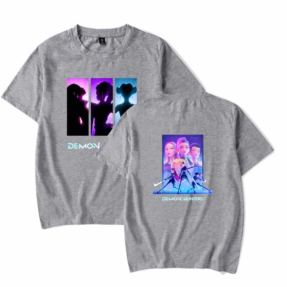 Silhouette of animated characters on grey statement T-shirts, vibrant colors, trendy and affordable streetwear, perfect for fans of stylish and cool casual clothing.