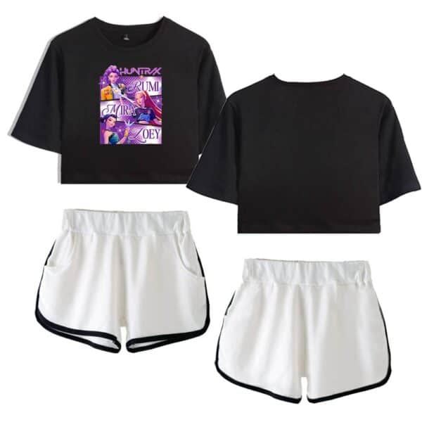 Hunting girl graphic crop top and sporty shorts set, trendy casual matching outfit, affordable streetwear for a cool, laid-back style, perfect for summer and activewear.