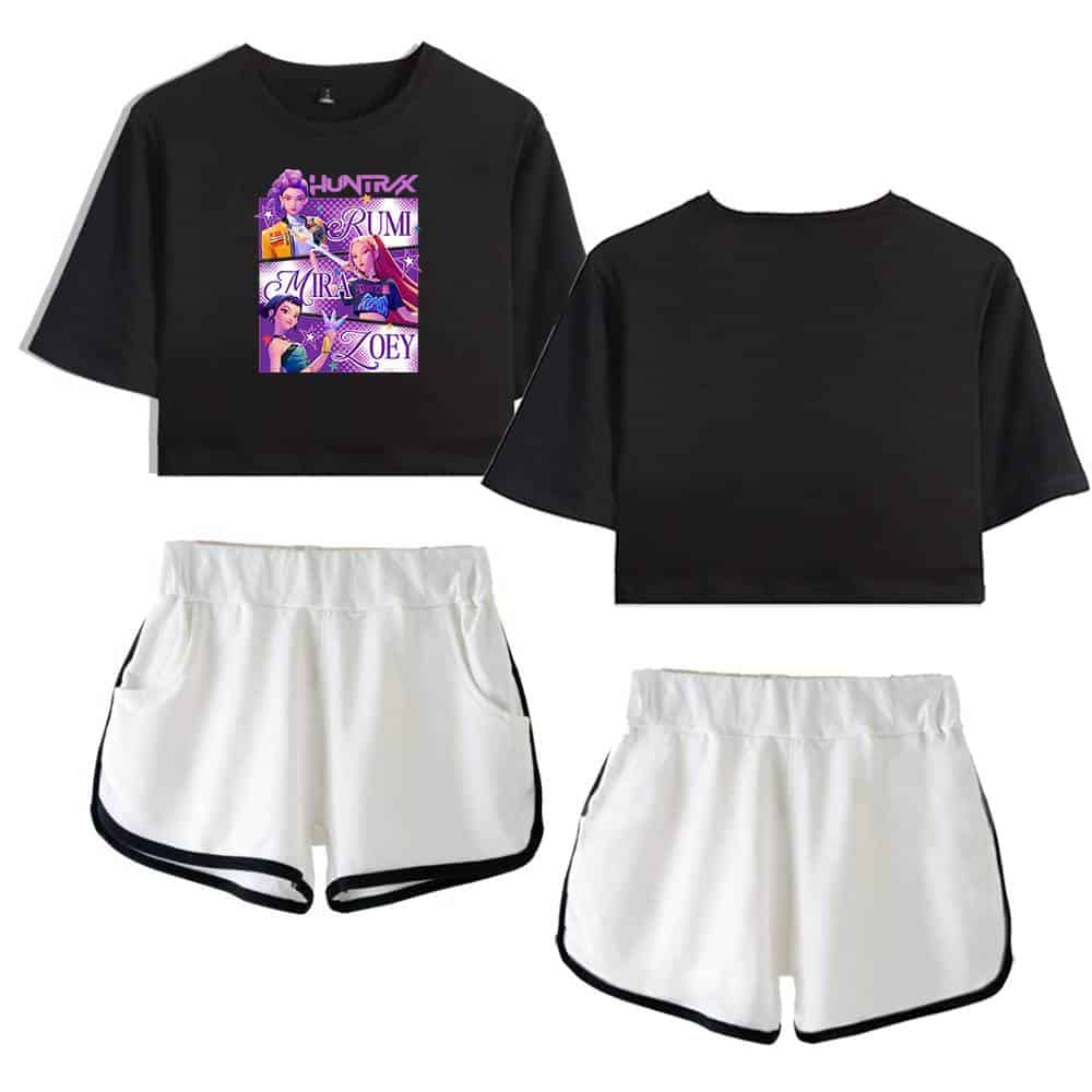 Hunting girl graphic crop top and sporty shorts set, trendy casual matching outfit, affordable streetwear for a cool, laid-back style, perfect for summer and activewear.