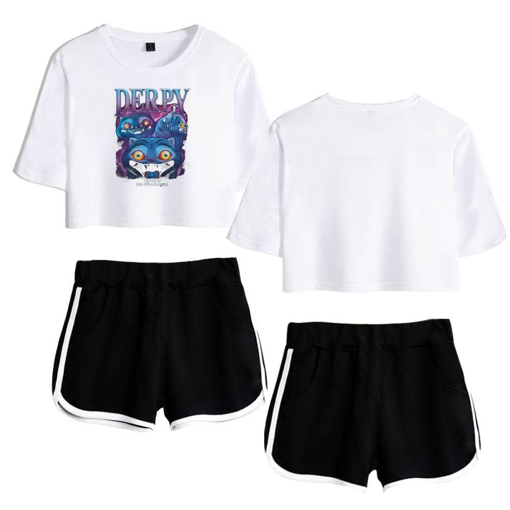 Derpy cartoon graphic crop top, black athletic shorts with white trim, casual trendy streetwear set for comfortable style, affordable and stylish clothing for cool statement looks, perfect for a laid-back everyday outfit.