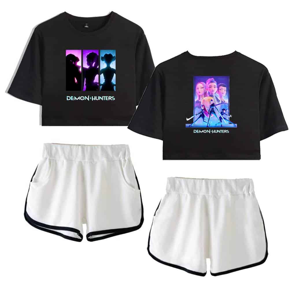 Demon Hunters graphic crop top and athletic shorts, trendy and affordable streetwear. Perfect for casual, cool, statement outfits that stand out. Ideal for those who want stylish, inexpensive fashion pieces with a modern edge.