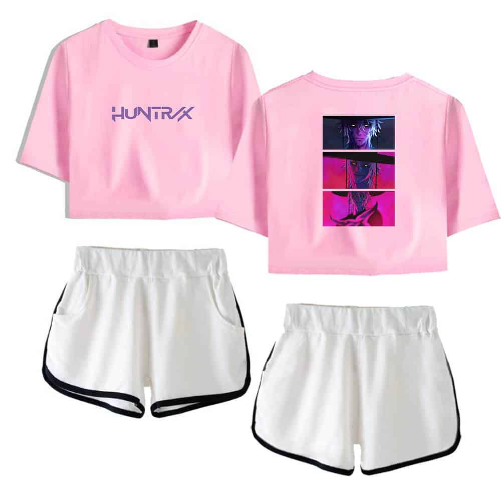 Hiker X pink graphic crop top with anime-inspired back design and white athletic shorts with black trim, perfect for a trendy casual look.