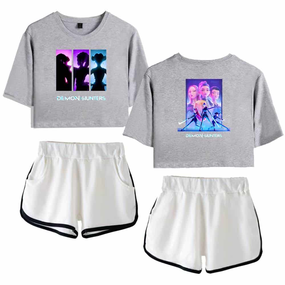 Demon hunters cartoon crop top and shorts set, trendy casual wear for teens, stylish and affordable, perfect for street fashion and everyday use, cool statement clothing.