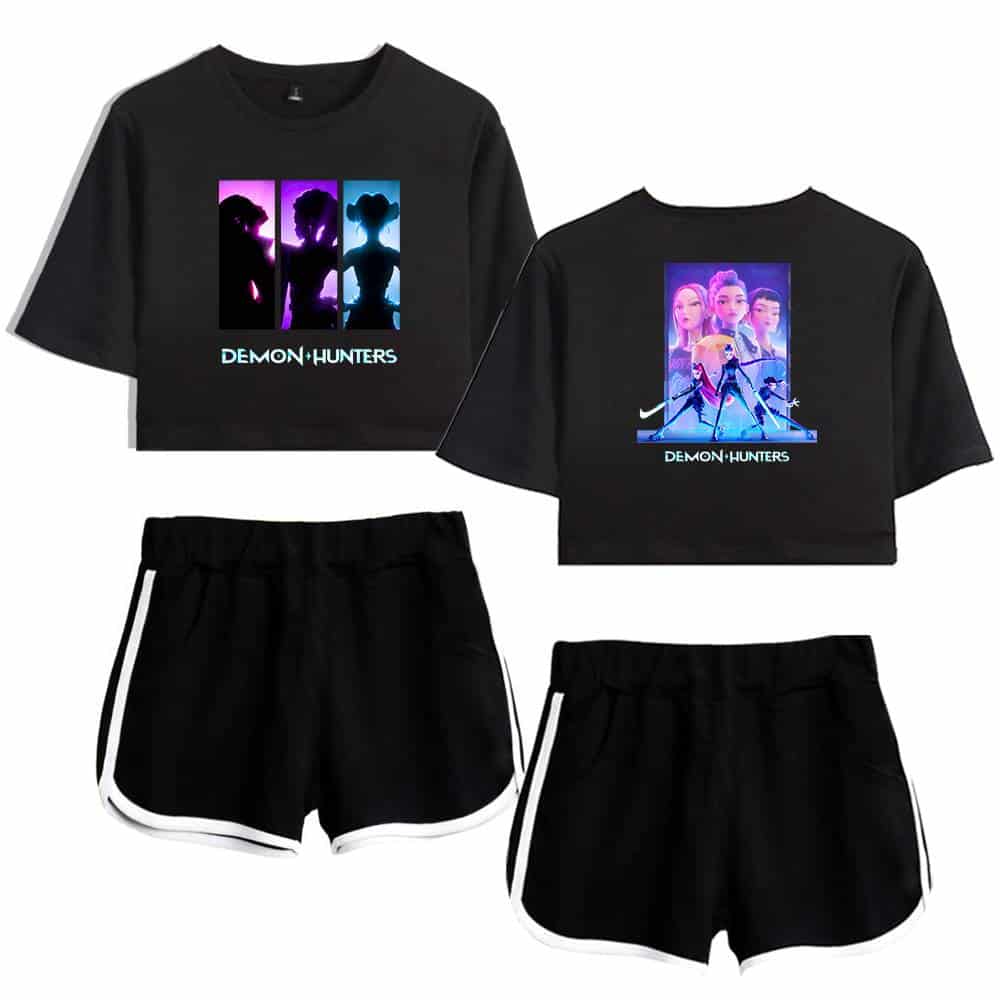 Demon Hunters graphic crop top and sports shorts set for a trendy, affordable streetwear look. Perfect for fans of anime and gaming-inspired fashion on a budget.
