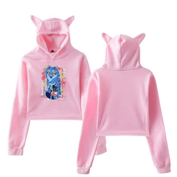 Comfy cute pink hoodie with cat ears and colorful graphic print, perfect for casual wear, stylish and affordable, great for anime or cartoon fans looking for cool statement clothes.