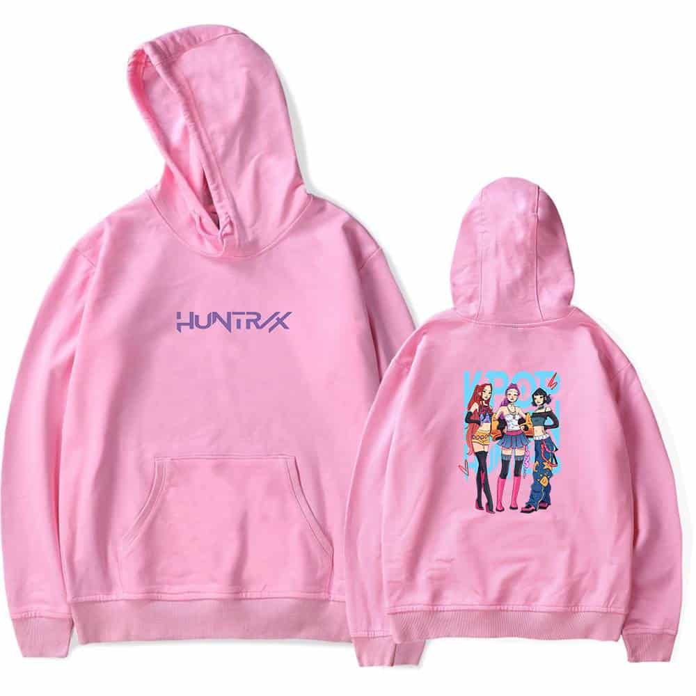 Huntrx pink hoodie with graphic design on back and logo on front, comfortable and affordable streetwear statement piece.