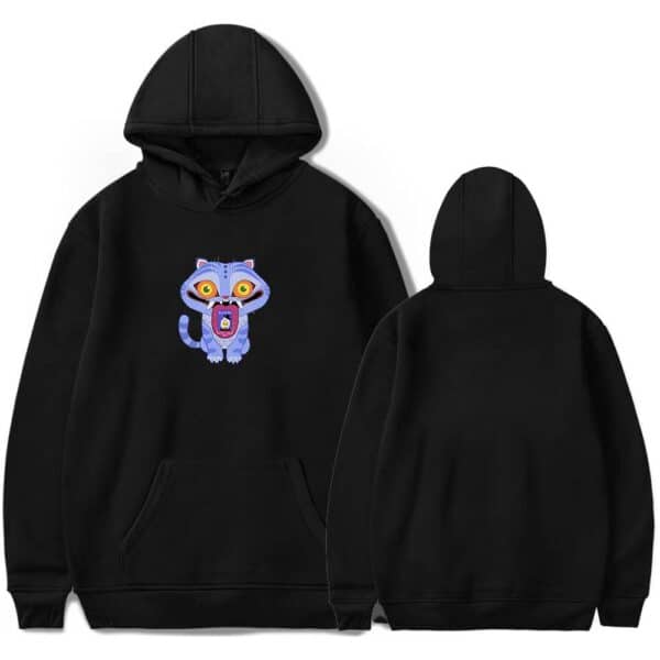 Stylish black hoodie featuring a colorful, cool tiger cartoon design, perfect for casual wear and making a statement, affordable and trendy for everyday outfits.