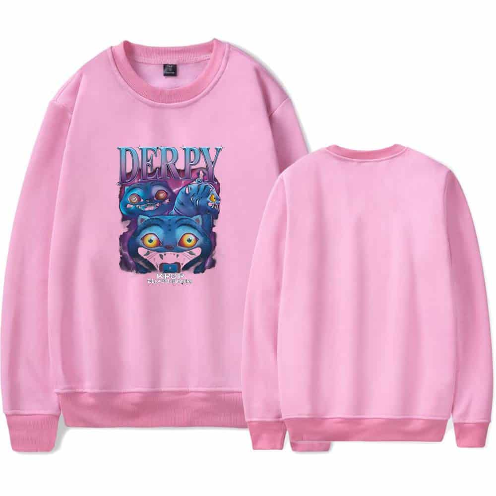 DER PY pink sweatshirt featuring colorful cartoon cat graphics and bold text, perfect for a trendy, casual look.