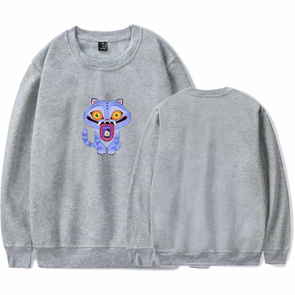 Blue cartoon tiger graphic sweatshirt, casual and affordable streetwear, unisex oversized hoodie, trendy cool statement clothes, perfect for everyday wear or making a bold style statement.