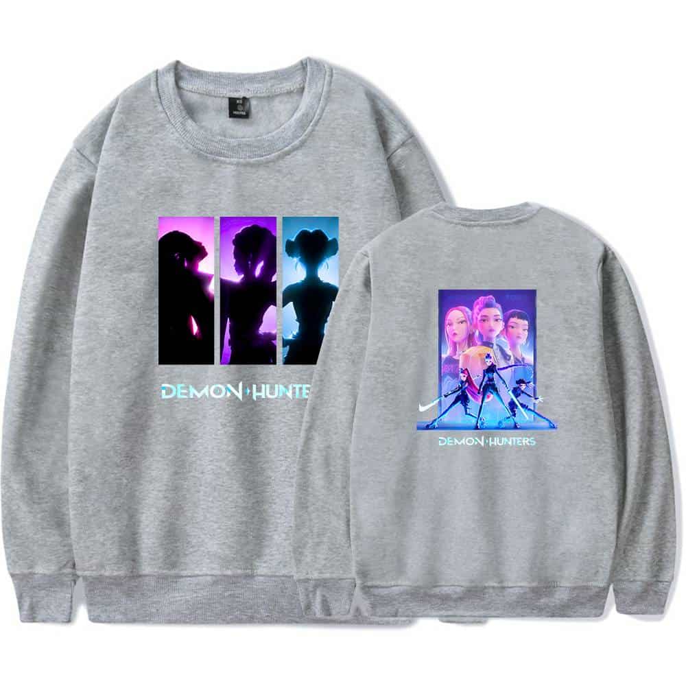 Silhouette of three girls with neon background, stylish and trendy, perfect for streetwear fashion, "Demon Hunters" graphic sweatshirt, casual and affordable cool statement clothing.