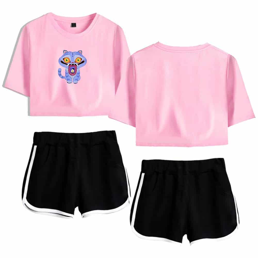 Pink graphic crop top with a cartoon animal design.
