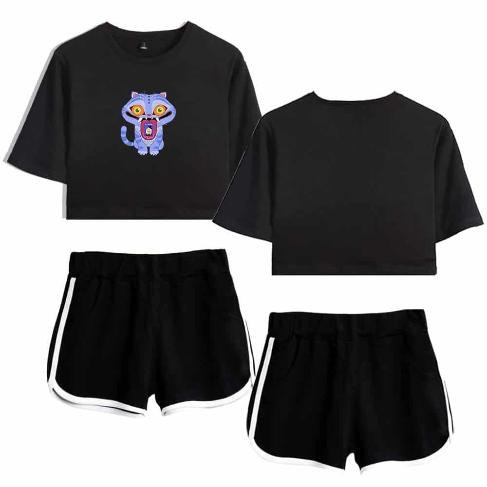 T-shirt with colorful tiger graphic, comfortable black shorts with white trim, trendy casual clothing set for a cool, affordable streetwear look.