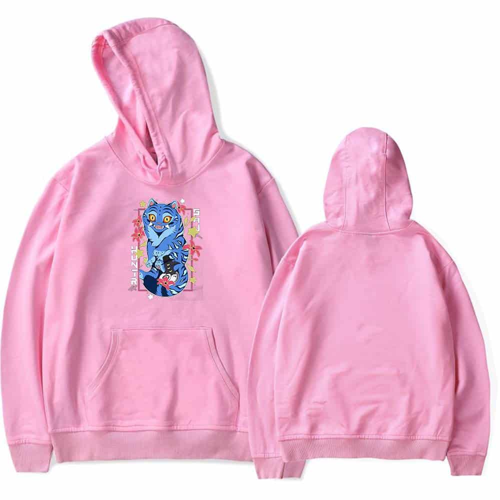 Blue and pink cartoon tiger graphic hoodie, casual streetwear, affordable trendy statement clothing for youth, stylish and fun everyday fashion, cool affordable casual wear for teens and young adults, vibrant colorful design.