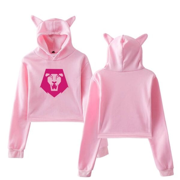 Pink hoodie with lion logo and animal ears, casual streetwear for trendy, affordable fashion.