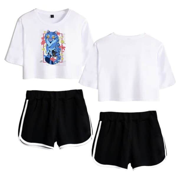 Comfy casual statement clothing set with graphic tee and athletic shorts.