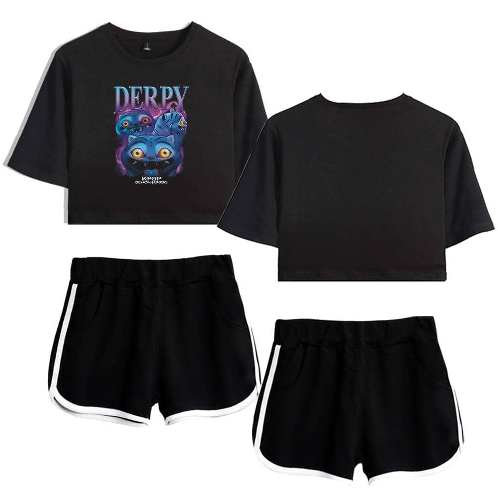 Crazy cool statement clothes featuring a black crop top with colorful Derpy character graphic and matching black shorts with white trim, trendy casual outfit for streetwear enthusiasts.
