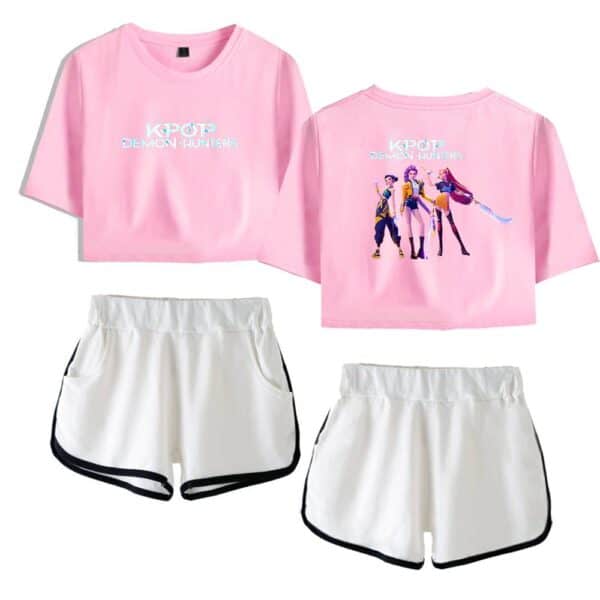 K-pop Demon Hunters pink cropped t-shirt with character print, stylish and affordable.